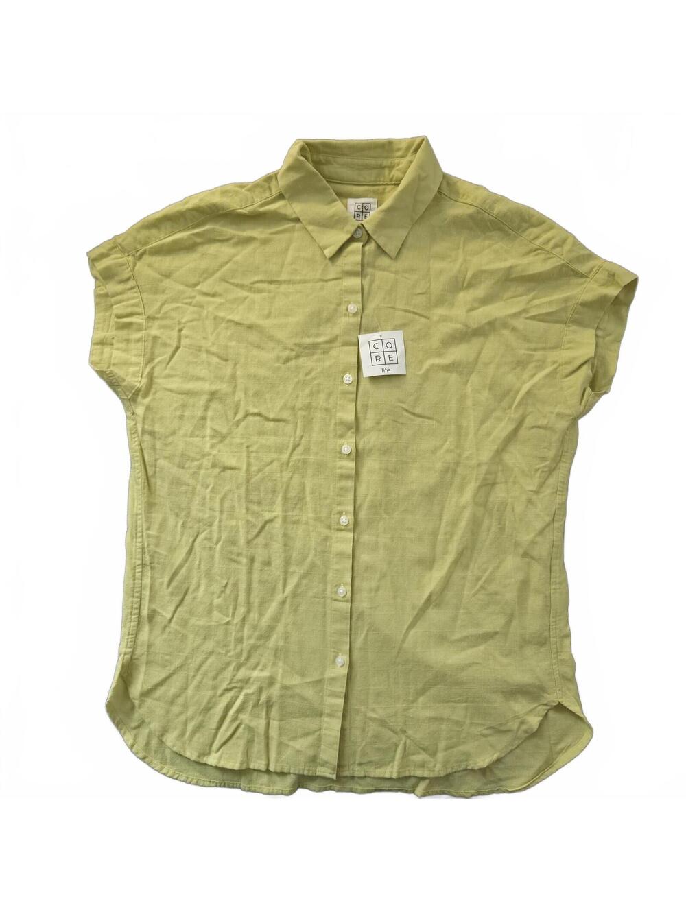 Core Life Sleeveless Button-Up Blouse Cotton Linen Yellow Green XS